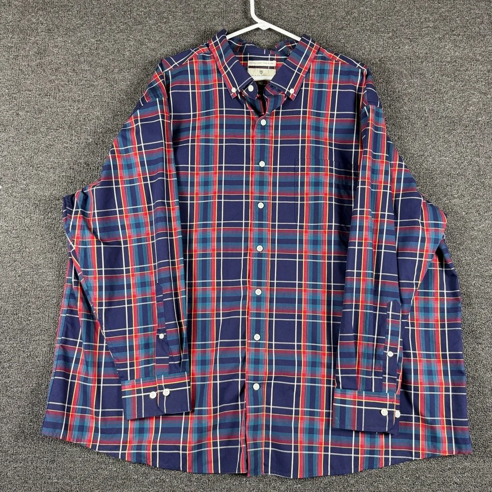 Oak Hill Mens 3XL Plaid Button Down Shirt Navy Red Wrinkle Free Cotton Long Slv